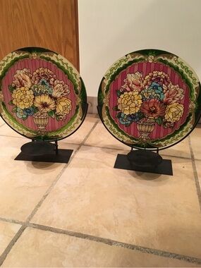 Decorative Floral Ceramic Plate Pair votive holder - Pink, Green, Yellow